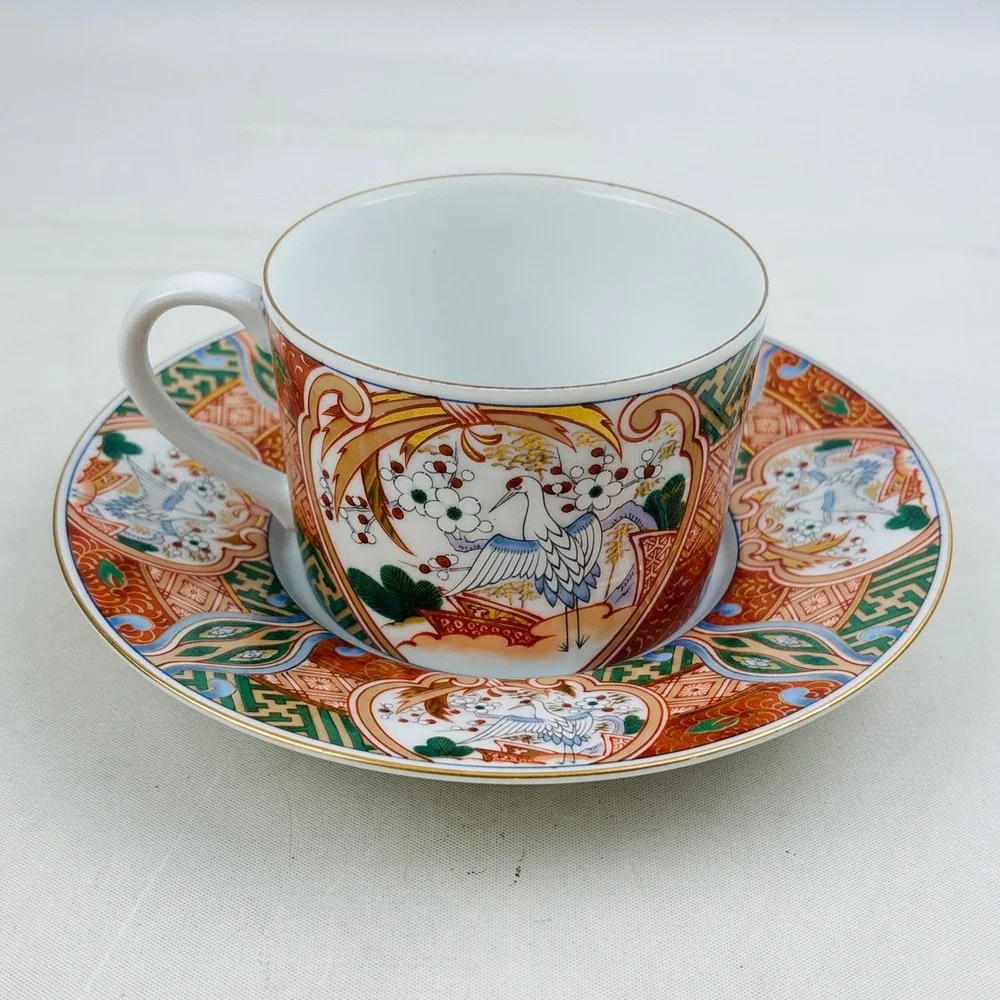 Andrea by Sadek Stork & Blossom Cup and Saucer Set of 6 Imari Japanese Porcelain